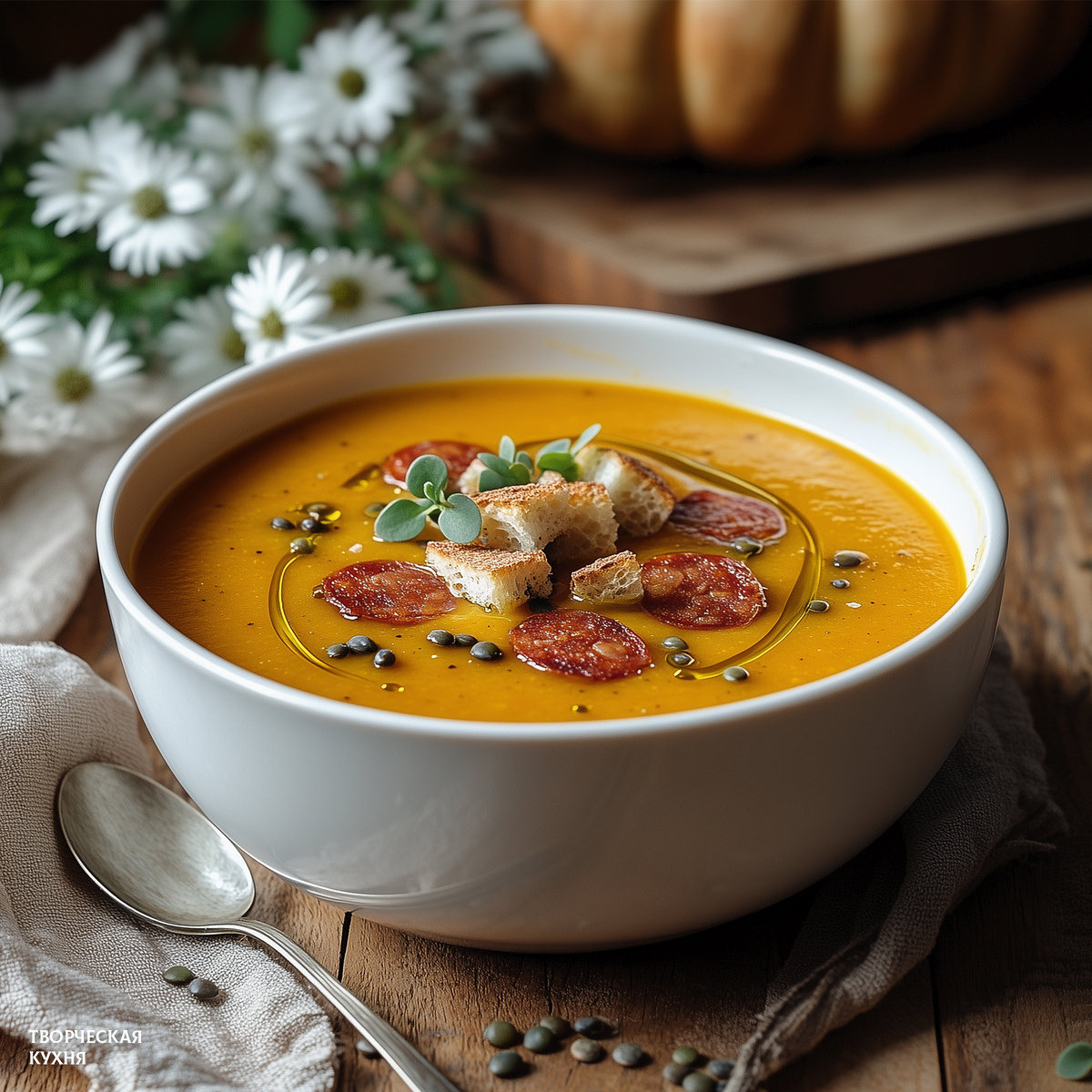 Ароматный крем-суп из запечённой тыквы с чечевицей и чоризо